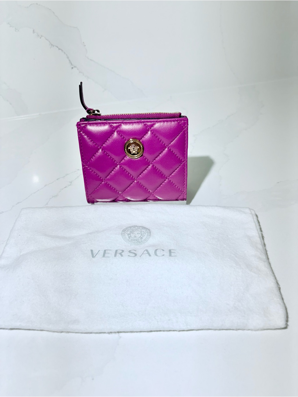 Versace Quilted Fuchsia Leather Mini Wallet With Gold Medusa Accent